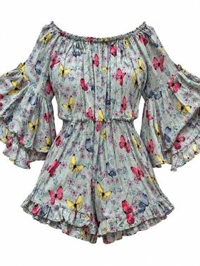 Deja Vu Butterfly Floral Off Shoulder Bell Sleeve Romper Women's S Boho